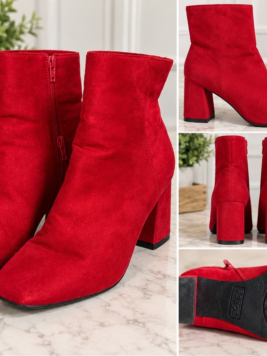Shoes - Red Suede Block Heel Ankle Boots - Women